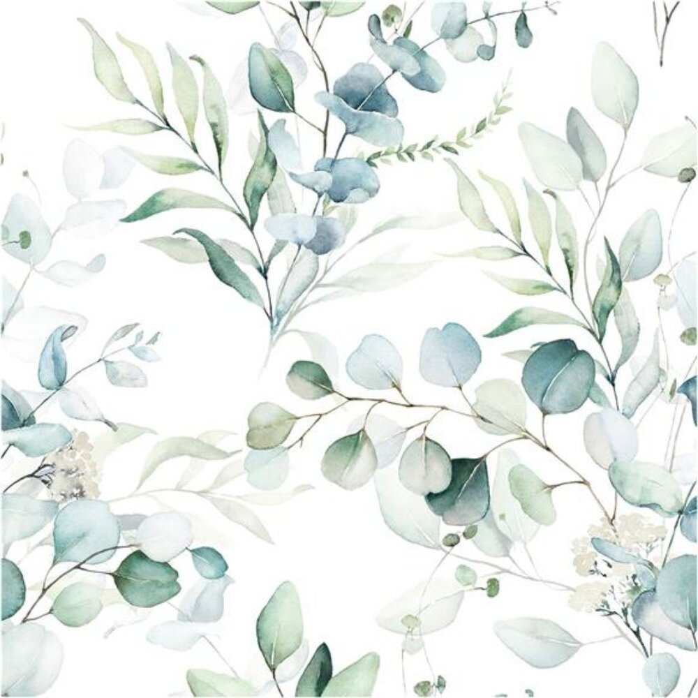 Peel and Stick Wallpaper Boho Green/White Eucalyptus Leaf Floral Wall